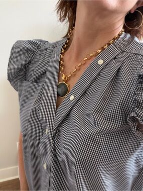 KMJ Olivia Black & White Gingham Puff-Sleeve Blouse - Women